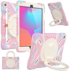 PEPKOO Triple Shockproof Case for iPad 5th/6th Generation 9.7 inch 2017 2018 and iPad Air 2 Gen, Heavy Duty Kid Boy Girl Cover with Pencil Holder/Handle Kickstand/Shoulder Strap, Colorful Pink