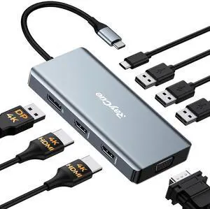 USB C Docking Station Dual Monitor Adapter, Laptop Docking Station 3 Monitors Quadruple Display USB C Hub Dongle to 4K HDMI+DP+VGA