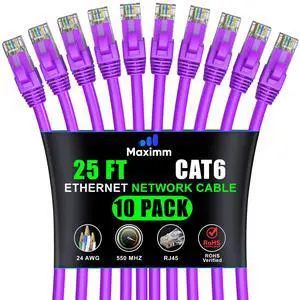 Maximm Cat 6 Ethernet Cable 25 ft (10-Pack) - High-Speed LAN Cable, Internet Cable, Patch Cable, and Network Cable - UTP, 10Gbps, 550MHz Ethernet Cord - Purple