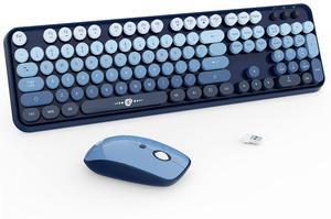 Wireless Keyboard Mouse Combo, 104 Round Keys Cute Colorful Keyboard with Retro Typewriter Style, Letton Full Size Keyboard with Number Pad&Mouse with 3 DPI for PC Mac Laptop Computer Windows-Blue