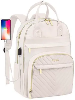 Laptop Backpack for Women Work Bag - 15.6 inch Travel Backpack with USB Charger Business Computer Backpacks for Office College Back pack for Teacher Casual Waterproof Bookbag for Nurses Beige