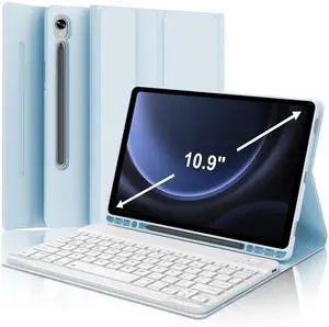 BORIYUAN Keyboard Case for Samsung Galaxy Tab S9 FE 5G 10.9 Inch/Galaxy Tab S9 11 Inch 2023 - Detachable Wireless Bluetooth Keyboard Slim Folio Smart Cover with S Pen Holder (Sky Blue)