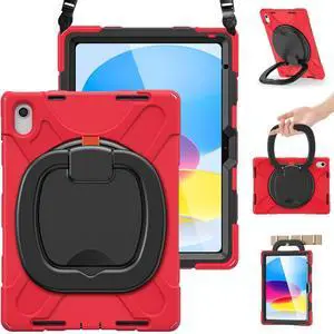 BRAECN Kids Case for iPad (A16) 11th/10th Generation 11/10.9'' 2025/2022, Heavy Duty Rugged Silicone Cover w/Swivel Ring Stand/Stable Kickstand/Shoulder Strap/Pencil Holder/Screen Protector, Red
