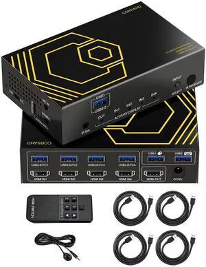 4K@60Hz HDMI KVM Switch USB3.0 4 Computers 1 Monitors HDMI 4 Port KVM Switches for 4 PC Share 1 Monitor and 4 USB 3.0 Devices SPDIF L/R Mic Audio with IR Remote Control and 4xUSB 3.0 Cables