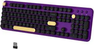 COVEVA Colorful Wireless Bluetooth Keyboard, 2.4G & Dual Bluetooth Multi-Device Keyboard, Typewriter Retro Round Keycaps 104 Keys Full-Size Keyboard for PC Laptop Tablet Phone (Black-Purple)