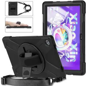 Rugged Case for Lenovo-Tab-M10-Plus (3rd Gen) 10.6" 2022 w/Stylus Holder & 360deg Rotating Kickstand, Heavy Duty Hybrid Shock-Proof Cover with Hand/Shoulder Strap TB125FU/TB128FU/TB128XU (Black)
