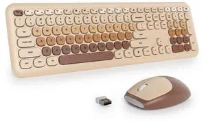 surmen Brown Quiet Keyboard and Mouse Wireless, Full-Size Retro Typewriter Wireless Cute Colorful Keyboard with Low-Noise 2.4GHz for Home and OfficeCoffee