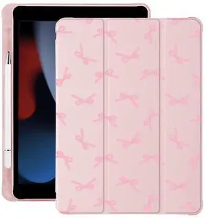 Cute Kawaii Pink Bow for iPad Pro 11 Inch Case M4 2024 (5th Generation) with Pencil Holder, Auto Sleep/Wake, Pink Leather Soft TPU Back Cover