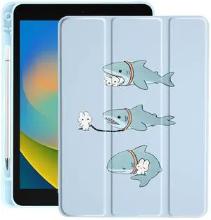 Cute Shark Bunny for iPad 10.2 Inch 7th/8th/9th Gen Case 2019/2020/2021 with Pencil Holder, Foldable Blue Leather Cover Case, Support Auto Sleep Wake
