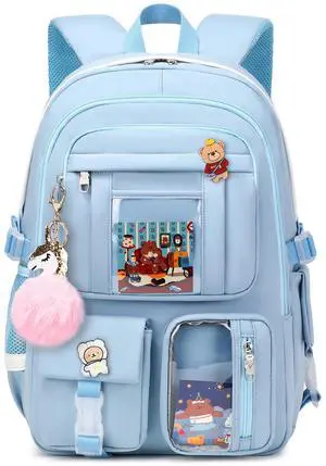 Backpack for Girls with Accessories Laptop Bookbags 16 Inch Kawaii Kids Elementary Middle High School Bag College Travel Daypack Gifts for Teens Women Students (Blue)