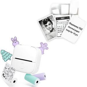Memoqueen Mini Sticker Printer with 3 Rolls Paper T02 Mini Portable Thermal Printer Set & 3 Rolls White Non-Adhesive Thermal Paper