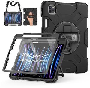 Case for iPad Pro 11 Inch (2022/2021/ 2020/2018): Silicone Cover for iPad 11 (4th/ 3rd/ 2nd/ 1st) Generation with Screen Protector- Stand- Handle- Shoulder Strap- Pencil Holder- Black