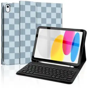 Mewealth for iPad 11th 10th Generation Case with Keyboard, Detachable Folio Wireless Keyboard Cover with Pencil Holder for 11th A16 11-inch 202510th 10.9 Inch 2022, Checkered Plaid Blue-Light Blue