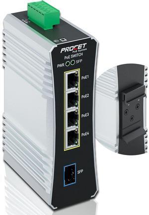 PROCET Gigabit PoE Switch 4-Port Din Rail, 90W/Port, Industrial PoE++ Fiber Media Converter with Wide Temp -40degF to 149degF, SFP Slot, IEEE802.3af/802.3at/802.3bt, PT-PIS4PB1S