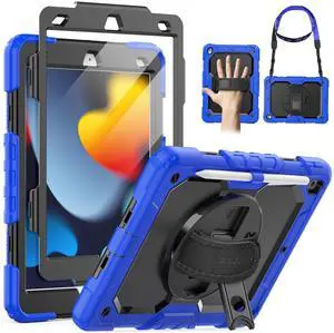 SEYMAC for iPad 9th/8th/7th Generation Case 10.2" 2021-2019, Full-Body Shockproof Protective Case with Screen Protector, Rotating Stand/Handle/Shoulder Strap for iPad 10.2, Blue/Black