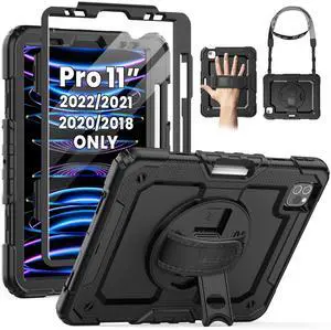SEYMAC Case for iPad Pro 11 Case 4th/ 3rd/ 2nd/ 1st Gen (2022/2021/2020/2018), Full-Body Shockproof Protective Case with Screen Protector, 360° Rotating Stand and Hand/Shoulder Strap, Black