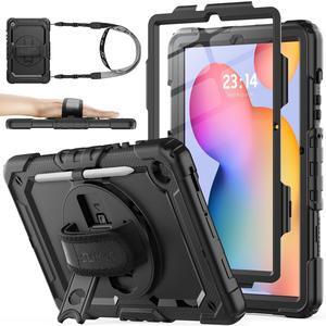 SEYMAC stock Case for Samsung Galaxy Tab S6 Lite 10.4'' (2024-2020) with Screen Protector Pencil Holder [360deg Rotating Hand Strap] &Stand, Drop-Proof Case for Galaxy Tab S6 Lite Tablet, All Black