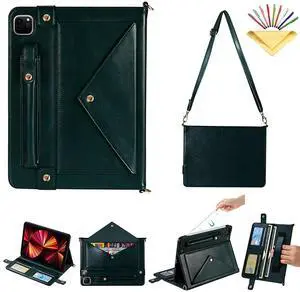 UUcovers Crossbody Handbag Case for iPad Air 13 inch M3/M2 (2025/2024) with Pencil Holder/Shoulder Strap/Hand Strap/Pockets,Folio Stand PU Leather Carrying Magnetic Wallet Envelope Cover, Dark Green
