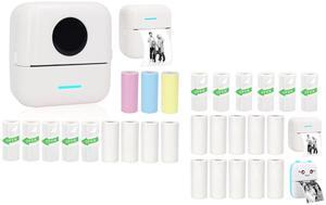 Vicbear Mini Portable Printer Set with 12 Rolls Printing Paper + 16 Rolls Thermal Paper Set, Including Sticker/White Plain Paper, White