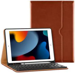 VIKESI Keyboard Case for iPad 9th / 8th / 7th Generation 10.2 inch (2021/2020/2019), Premium Leather Smart Cover, Built-in Breathing Light, Function Row, Pencil Holder, Card Slots - Brown