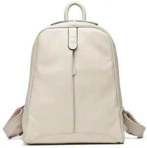 Simple Genuine Leather Backpack Women Laptop Casual Knapsack Ladies Travel Bag (Beige)