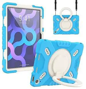 PEPKOO Triple Shock Protection Case for iPad 10th Generation 10.9 inch 2022, Kids Boy Girl Rugged Cover with Pencil Holder, Kickstand Handle, Shoulder Strap (Blue)