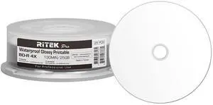 25 Pack Ritek Pro (Professional Grade) BD-R Blu-ray 4X 25GB Watershield Water Resistant Glossy White Inkjet Hub Printable Blank Recordable Disc