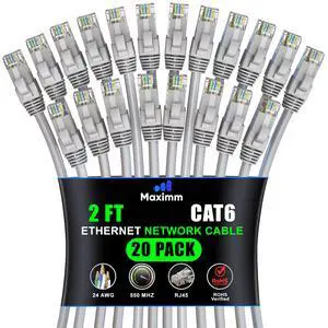 Maximm Cat 6 Ethernet Cable 2 ft (20-Pack) - High-Speed LAN Cable, Internet Cable, Patch Cable, and Network Cable - UTP, 10Gbps, 550MHz Ethernet Cord - Gray