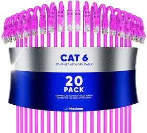 Maximm Cat 6 Ethernet Cable 1.5 ft (20-Pack) - High-Speed LAN Cable, Internet Cable, Patch Cable, and Network Cable - UTP, 10Gbps, 550MHz Ethernet Cord - Pink
