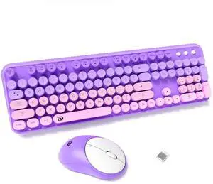 FD Wireless Keyboard and Mouse Combo - 2.4G Full-Sized Cute Colorful Mouse and Keyboard with 104 Round Keys Retro Typewriter Keyboards for Laptop/Windows/PC - Purple Gradient