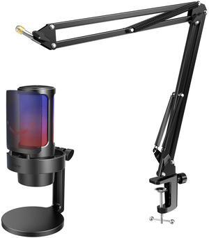 FIFINE USB Gaming Microphone, Metal Recording Boom Arm Bundle, PC Streaming Mic and Arm Stand Kit with RGB Lights, Mute Button, Headphones Jack, Pop Filter for Voice-Over Studio Home Office (A8+CS1)
