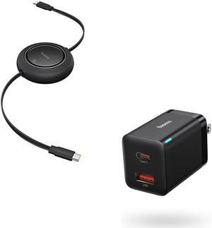 Baseus USB C Cable, PD 100W 6.6ft Retractable USB C to USB C Fast Charging Cable 30W Dual Port USB C PD Charger Block