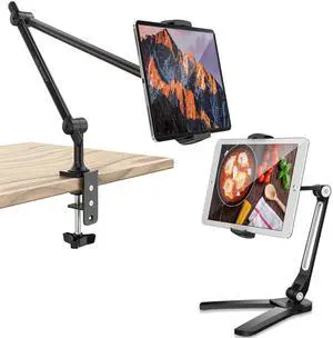 AboveTEK Tablet Stand Holder, Aluminum iPad Holder for Desk & Bed Bundle with 3 in 1 Highflex 360deg Under Cabinet iPads Mount for Kitchen