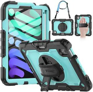 Timecity Case for iPad Mini 7/6, 8.3-inch, with Screen Protector, Pencil Holder, 360 Rotating Stand, Handle/Shoulder Strap - Light Blue