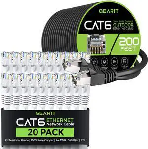 GEARit 20Pack 10ft Cat6 Ethernet Cable & 200ft Cat6 Cable