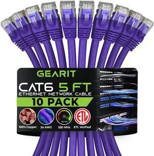 GearIT Cat 6 Ethernet Cable (10-Pack 5 Feet) Cat6 Network Patch, 10Gbps, RJ45, Snagless Cord, Gold-Plated Connectors, Internet for PC, TV, Tablet, Router, Printer, Servers, IT Data Center - Purple GearIT Cat 6 Ethernet Cable (10-Pack 5 Feet) Cat6 Network Patch, 10Gbps, RJ45, Snagless Cord, Gold-Plated Connectors, Internet for PC, TV, Tablet, Router, Printer, Servers, IT Data Center - Purple