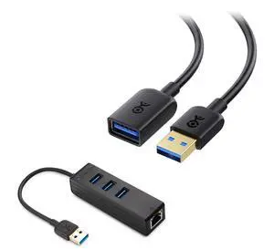 Cable Matters Short USB to USB Extension Cable (USB 3.0 Extension Cable) in Black 3 ft for Oculus Rift, HTC Vive, PlayStation VR Headset and More & 3 Port USB 3.0 Hub with Ethernet