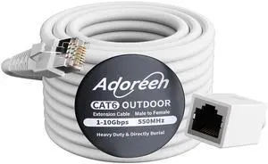 Adoreen Cat 6 Outdoor Ethernet Extension Cable 100 Ft White, High Speed Male to Female Network Cable Extender Coupler, POE, UV Resistant Heavy-Duty Direct Burial Long Cat 5e 5 RJ45 Cord Connector