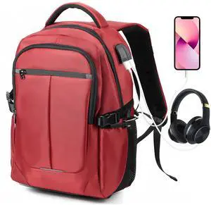 AJXIN Travel Business Water Resistant Laptop Backpack, With External Usb Charging and Earphone Port School Bookbag, Can Accommodate 15.6-inch for Women and Men Laptops red