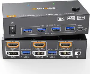 Dual Monitor KVM Switch 2 Port 8K@60Hz 4K@144Hz HDMI+DP USB 3.0 Switch Extended Display 2 Monitors 2 Computers with USB 3.0 Cables Wired Controller