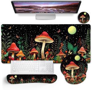Blusabaca Mushroom Mouse Pad Desk Pad, Funny Cute Desk Mat Large Gaming Mouse Pad with Wrist Rest, Keyboard Pad Wrist Rest Ergonomic, Cup Coaster, Work Home Desk Accessories Office Supplies
