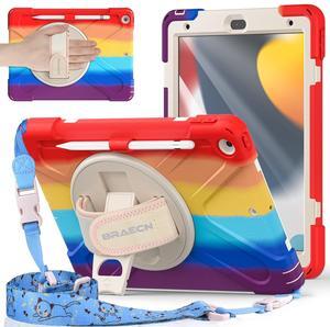 BRAECNstock Kids Case for Apple iPad 9th/ 8th/ 7th Generation 10.2" Shockproof Protective with Screen Protector, Pen Holder, 360deg Rotating Stand+Hand Strap, Shoulder Strap, Colorful Red
