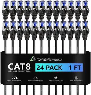 CableGeeker Patch Cables Cat8 1ft 24 Pack Slim, Cat8 Ethernet Patch Cable 40G 2000MHz Support, Snagless RJ45 Cat 8 Patch Cable for Patch Panel to Switch, Flexiable Network Cable - 1 Feet Black
