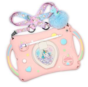 Super Cute Bubble Blowing Unicorn Case for iPad 10.2'' - Compatible with 9th/8th/7th Generation, Silicone Pop it Case Cover for Girls with Bling Quicksand and 360 Rotating Stand