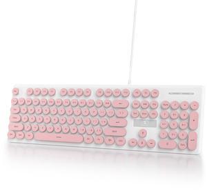 Ussixchare Full Size Wired Computer Keyboard, Quiet Typewriter Keyboard with Retro Round Keycaps, LED Backlit, Membrane, 104-key for PC, Laptop(Pink)