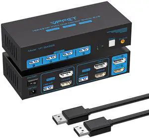 8K60Hz HDMI+DP KVM Switch 2 monitors 2 computers with 8K DisplayPort cable 1.4, DP to DP male-to-male gold-plated cable 3.3 ft. (8K60Hz, 4K144Hz) for 2 computers sharing 2 monitors and 1 set of keyboa