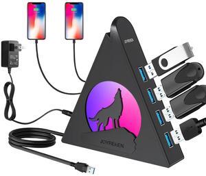 Powered USB Hub 3.0, 6-Port(4 USB 3.0 Data Ports + 2 USB Smart Charging Port) with RGB Night Light,Powered hubs with 12V/4A Power Adapter for PC, Laptop, Flash Drives,Keyborad, Mouse