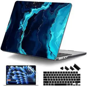 DONGKE Compatible with M4 MacBook Air 15 inch Case 2025 2024 2023 A3241 A3114 A2941 M3 M2 Liquid Retina Display Touch ID, Plastic Hard Case & Keyboard Skin & Screen Protector - Blue Marble