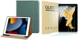 DTTO for iPad 9th/8th/7th Generation 10.2 Inch Case 2021/2020/2019, Premium Leather Business Folio Stand Cover with 3 Pack HD Clear Tempered Glass Screen Protector, Midnight Green