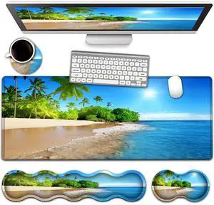 Office Desk Pad, Large Mouse Pad(31.5" x 11.8") Laptop Desk Table Protector Extended Writing Mat, Ergonomic Memory Foam Keyboard Wrist Rest Support,Tropical Palm Sea Beach View Gaming Mouse Pad Set